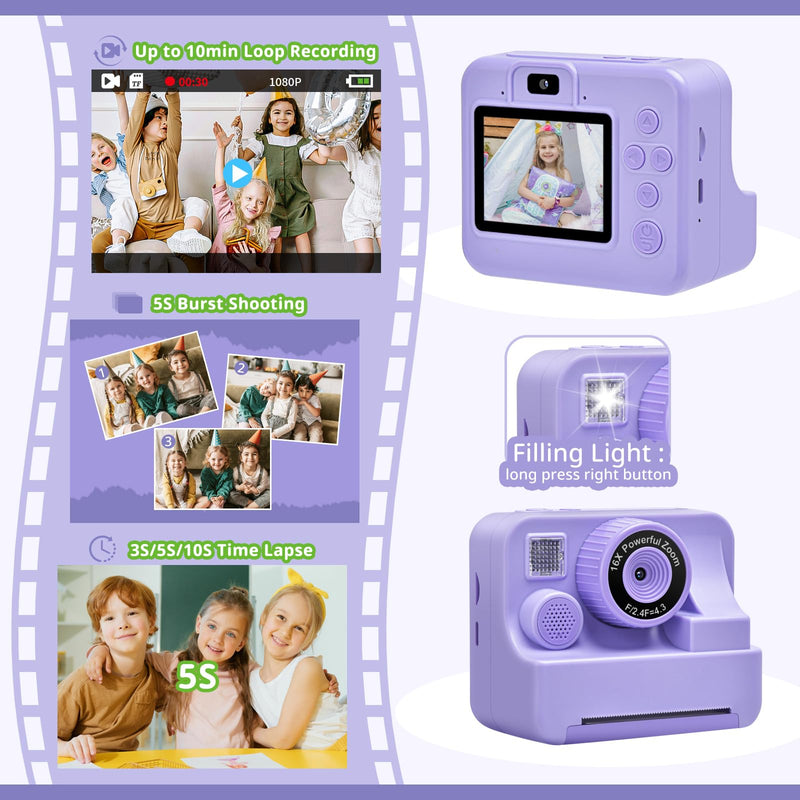 Kids Camera Instant Print Portable Dual-Lens Selfie Cameras with Print Paper & 32G Card, Photo 1080P HD Toddler Digital Printing Camera for 4 5 6 7 8 9 10 Years Old Girls Boys, Purple