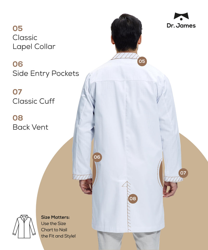Dr. James 100% Cotton Unisex Lab Coat – White Medical Coat, Classic Fit, 2 Hip Pockets & 1 Chest Pocket, Concealed Snaps S (Men S / Women M)