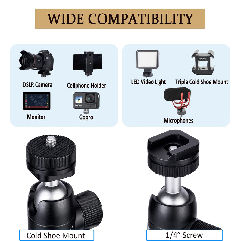 Camera Tripod Mini Ball Head with Cold Shoe Mount,360° Panoramic Aluminum Alloy Ball Head Mount with 1/4" Screw for DSLR Camera,Cell Phone,Monitor,LED Video Light,Microphone