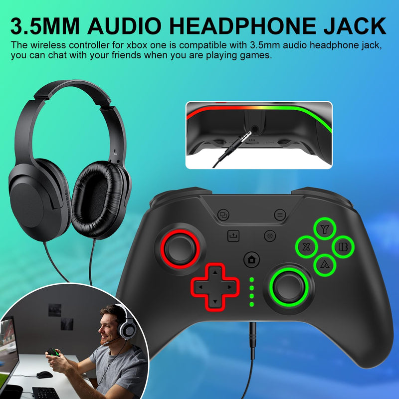 ADHJIE Xbox One Controller, 2.4GHz Wireless RGB LED Light Xbox Controller with 3.5mm Audio Headset Jack, Xbox One Controller with 900mAh Built-in Battery for Xbox One S/X Xbox One Series X/S, Black