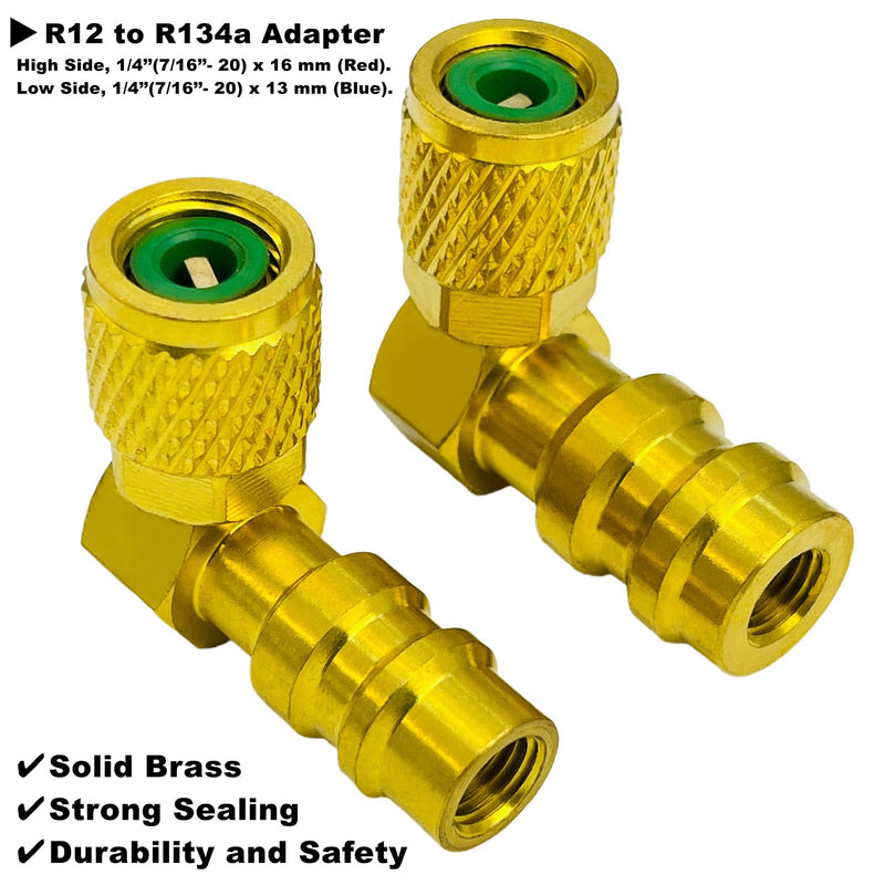 R12 to R134A AC Retrofit Fitting Adapter Kit, Brass R12 R22 to R134A High/Low Fitting Port Retrofit 1/4’’ to 7/16"-20 UNF Conversion Adapter (90° Angled High and Low Side Adapter) 90° Angled High and Low Side Adapter