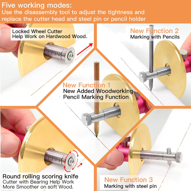 YOSELIN Dovetail Jig Wheel Marking Gauge Plus Set，Micro Adjuster Multifunctional Cutting Wheel Woodworking Scribing, Metric and Imperial Scales, Imperial 1/32 Metric 1mm Accuracy, Wood Marking Red