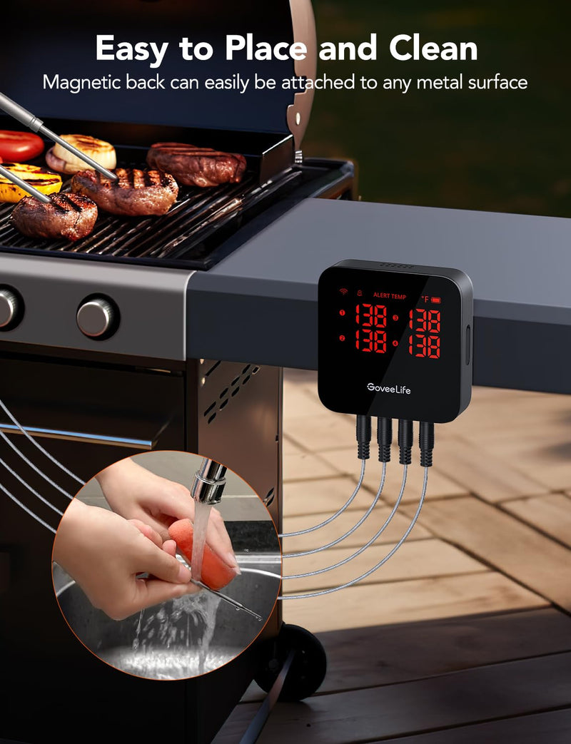 GoveeLife WiFi Meat Thermometer Digital, Smart Cooking Thermometer with 4 Probes, Wireless Bluetooth Grill Thermometer with APP Alert and Temp Curve, 40H Rechargeable BBQ Thermometer for Smoker, Oven