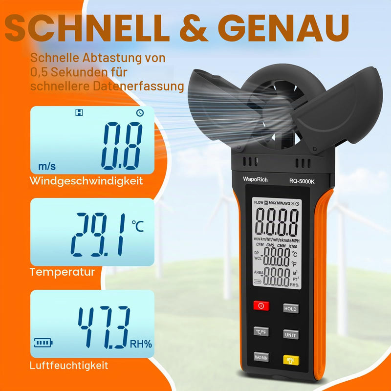 Digital Anemometer Handheld Wind Speed Meter Gauge Measures Humidity/Temperature/Wind Speed with MAX/MIN/AVG for HVAC, Sailing, Surfing, Drone RQ-5000K