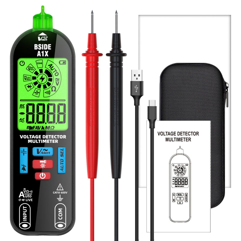 BSIDE Digital Multimeter Tester Rechargeable Electrical Voltmeter, Smart Mode with Red & Green Backlight, Measures Capacitance Diode Ohm Continuity V-Alert DC AC Voltage with Carrying Case A1X with Bag