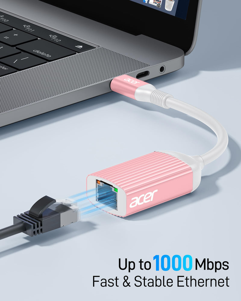 Acer USB C to Ethernet Adapter, RJ45 to Type C Ethernet Converter(Thunderbolt 3/4 Compatible), 1Gbps Aluminum USB-C LAN Adapter for Laptop, MacBook Pro/Air, iPad Pro, iPhone 15/16, Dell XPS-Pink Pink