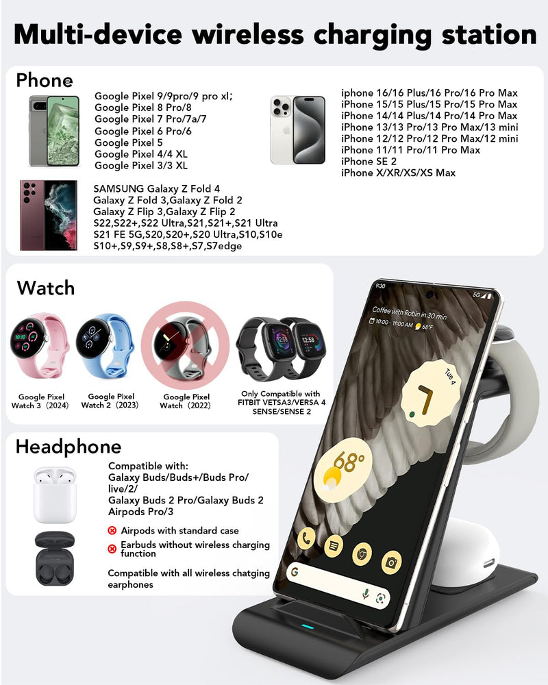 Upgraded 3 in 1 Wireless Charger Compatible with Google Pixel Watch 3/2, Pixel 9 Pro XL/9/Fold/8/7/7A/6 Pro, Pixel Buds Pro/2, Wireless Charging Station for Multiple Devices (Not for Pixel Watch 1)