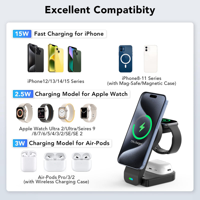 3 in 1 Wireless Charging Station Compatible with Apple Devices,Foldable Magnetic Wireless Charger for iPhone 15/14/13/12,Apple Watch Ultra 2/Ultra/Seires 9/8/7/6/5/4/SE/SE 2,Air-Pods 3/Pro/2(Black) Black