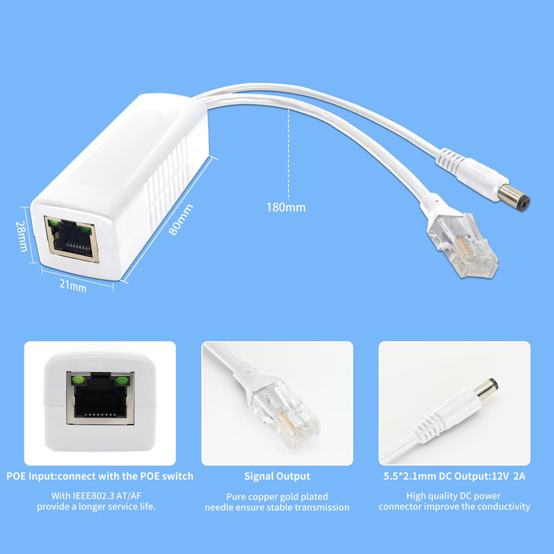Gigabit PoE Splitter 12V DC 5.5x2.1mm, 48V to DC 12V/2A Output, 1000Mbps, IEEE802.3af/at, PoE Adapter Active for IP Camera, AP and Other DC Power Supply Devices, 2 Pack (12V 2A DC Plug 5.5x2.1mm DC) 12V 2A DC Plug 5.5x2.1mm DC