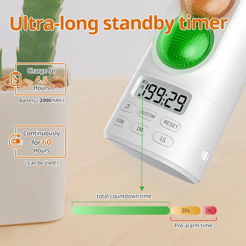 Traffic Light Visual Audio Digital Timer, LCD Display Volume Adjustment, with 4 Ringtones for Kids Classroom Home Kitchen Game Countdown Pause Memory Function Charger Type C Cable Included White
