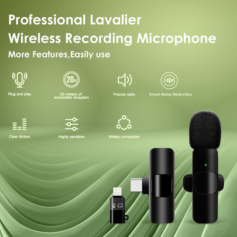 2-in-1 Wireless Lavalier Microphone for iPhone/Android/Camera/USB-C – Noise Cancelling Lapel Mic, 7-Hour Mini Clip-On Battery, for Vlogging, YouTube, TikTok, Live Streaming & Video Recording