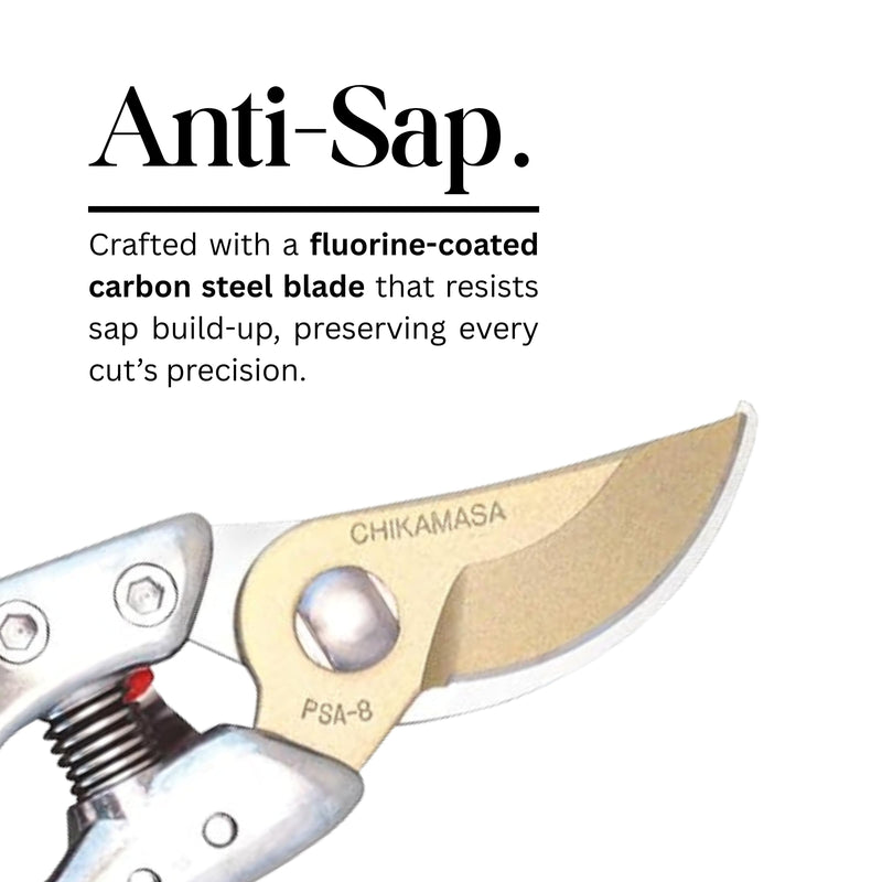 CHIKAMASA PSA-G8 Professional Sharp Pruning Shears with a Die-Cast Aluminum Handle. Fluorine coated blades, Perfect for Tree Trimming, Hand Pruning, Flower Cutting, and All Gardening Needs.