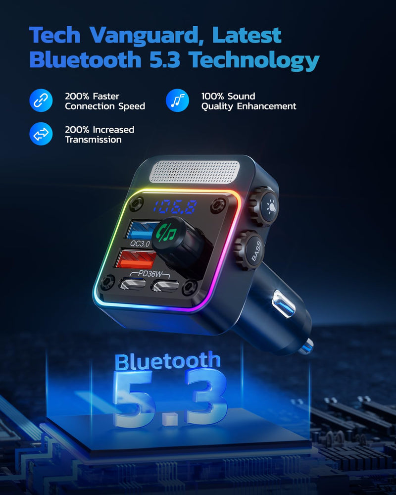 Nulaxy 54W Bluetooth 5.3 Car Adapter with 4 Charging Ports [PD 36W & QC3.0 18W], Wireless Radio FM Transmitter with Deep Bass Player & 5 Colors LED Backlit, Hands-Free Calling - NX16 Blue D-Blue