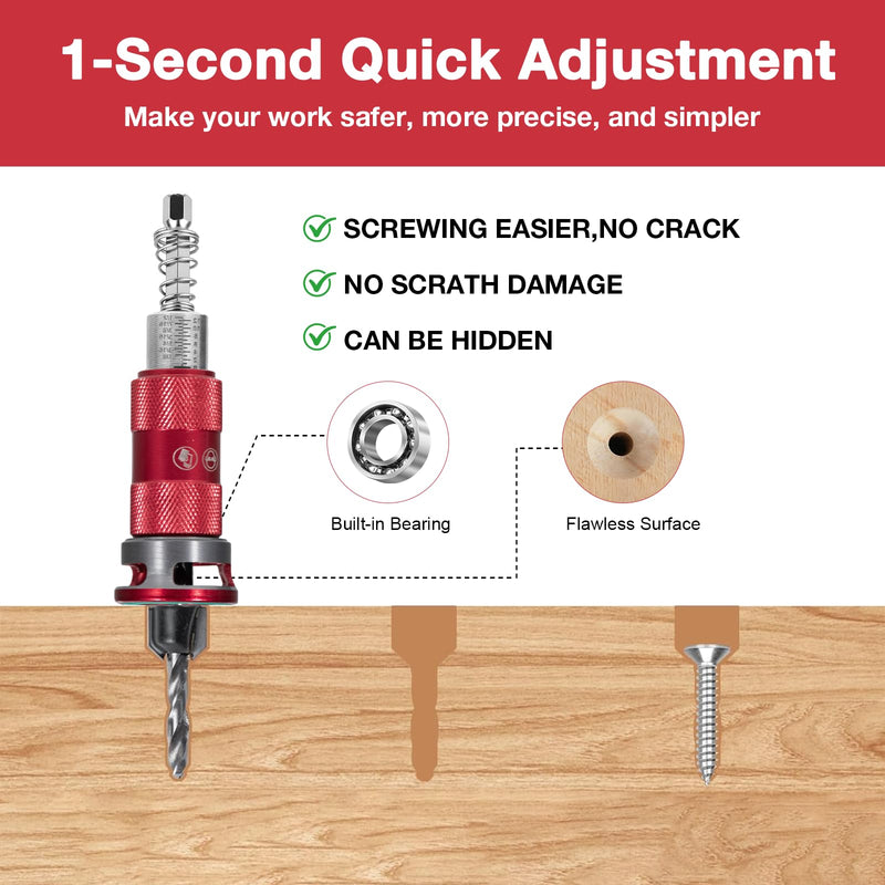 Countersink Drill Bit Set, 5 Pcs ﻿Two-Flute Semi-Automatic HSS M2 with Bearing Stopper, 82° Counterbores 1/4” Hex Shank Wood Countersink Bit Set for Wood, Plastic, Woodworking Semi-Automatic-5Pcs