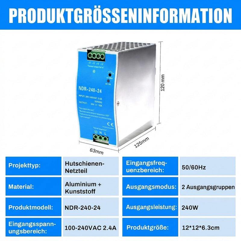 24 V power supply, DIN rail, 240 W, DIN rail switching power supply, input AC 100-220 V, 2.4 A output, DC 24 V, 10 A, multiple protection functions, industrial model NDR-240W-24V. 240W-10A