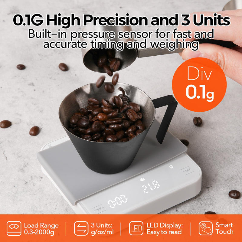 Rechargeable Mini Coffee Scale with Timer, 2kg/0.1g Precision Espresso Scale, Portable Coffee Weight Scale w/ 4 Modes for Espresso and Pour-Over Coffee (White) White