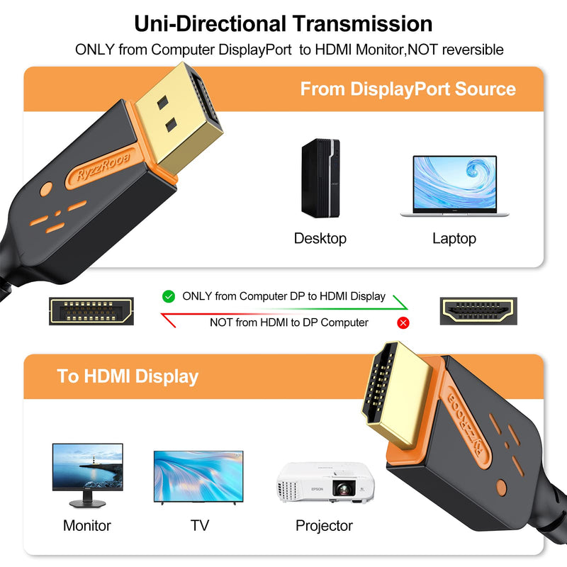 4K DisplayPort to HDMI Cable, 6FT, 10-Pack, Gold-Plated | 4K UHD Video & Audio. Gold-plated Connectors. Uni-directional DP to HDMI. Works with PC, Monitor, HDTV, Projector. Orange