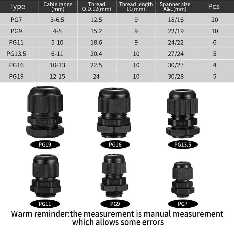 Pack of 50 Cable Glands Set, IP68 Waterproof Adjustable Cable Grommet, Black Adjustable Cable Connectors Cable Connectors Set - PG7/9/11/13.5/16/19/21 PG25/29/36/42/48/63 (Black)