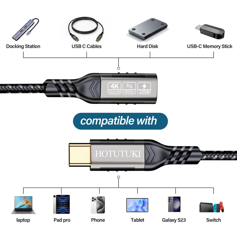 USB-C Extension Cable 16.5ft/5M, Male to Female Extender, Braided Data Cord, 100W PD Fast Charging, 20 Gbps 16.5 ft