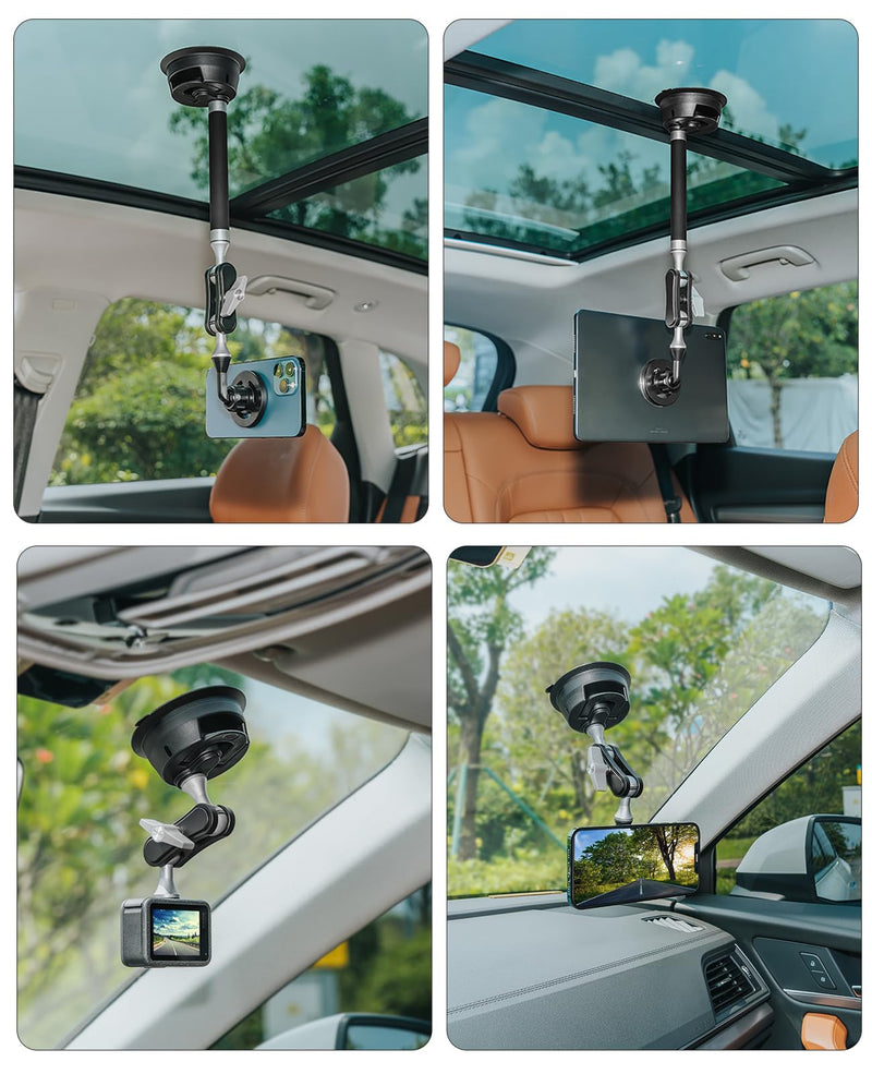 PULUZ Magnetic Cell Phone Car Suction Cup Mount，360°Adjustable Double Ball Head Car Suction Cup Holder with Phone Clamp and Action Camera Mount Adapter Use for Windshield Auto Suction Cups Camera & Phone Suction Cup Mount B