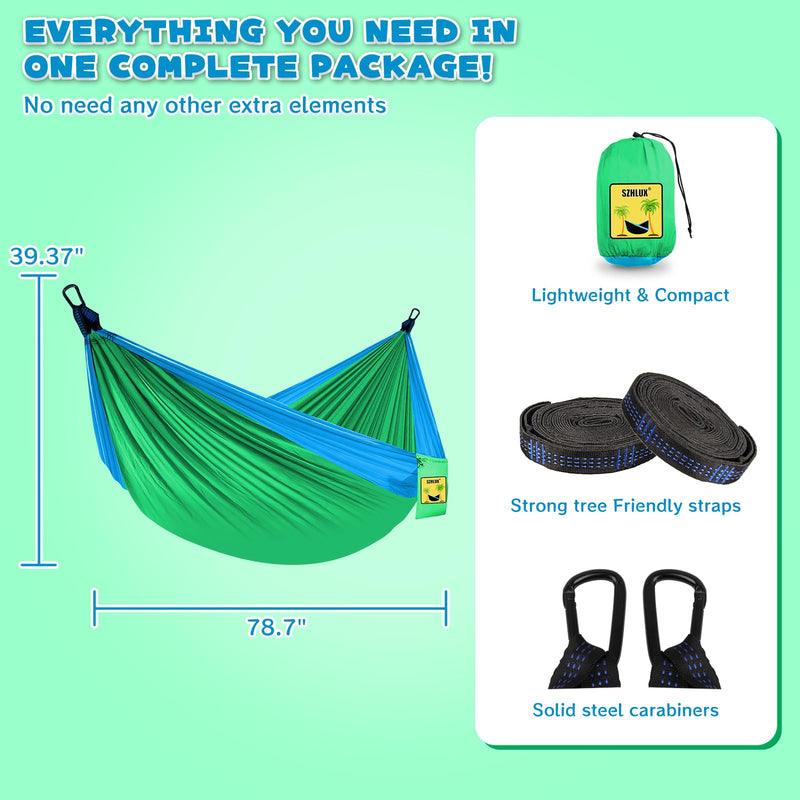 SZHLUX Kids Hammock - Kids Camping Gear, Camping Accessories with 2 Tree Straps and Carabiners for Indoor/Outdoor Use, Sapphire Blue & Grass Green Blue & Green