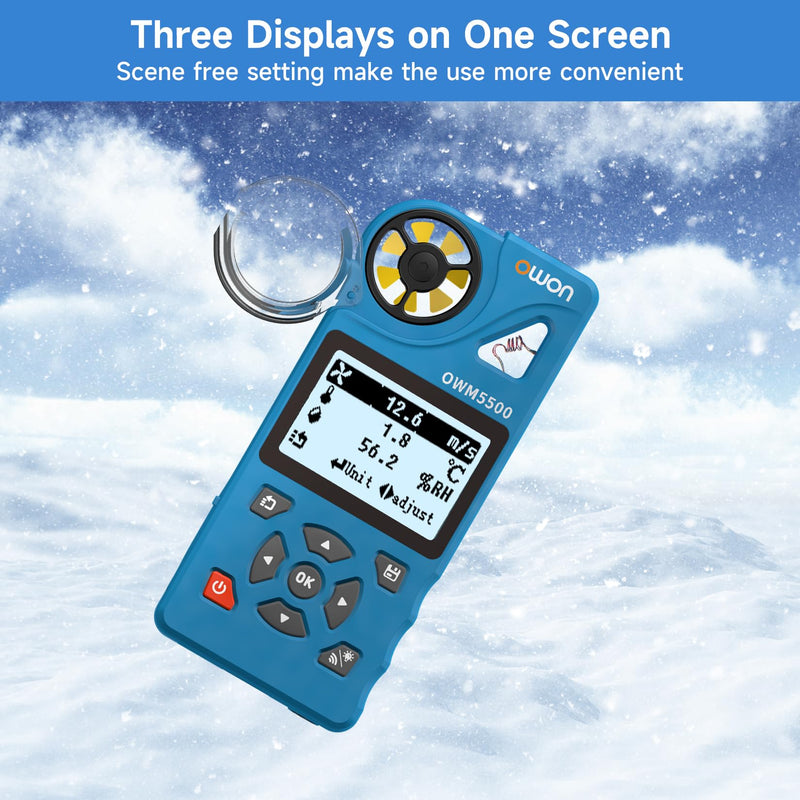 OWON OWM5500 Digital Anemometer, Portable HVAC Anemometer for CFM Airflow, Wind Meter Measures Wind Speed, Temperature and Relative Humidity with USB Sync to PC