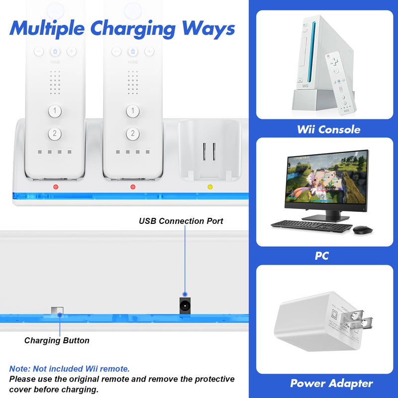 Remote Controller Charger Station for Wii/Wii U with 4 Pack 2800mAh Rechargeable Battery Pack, Controller Charging Dock Station for Wii Controller, Remotes are not Included 7.3*2 inches