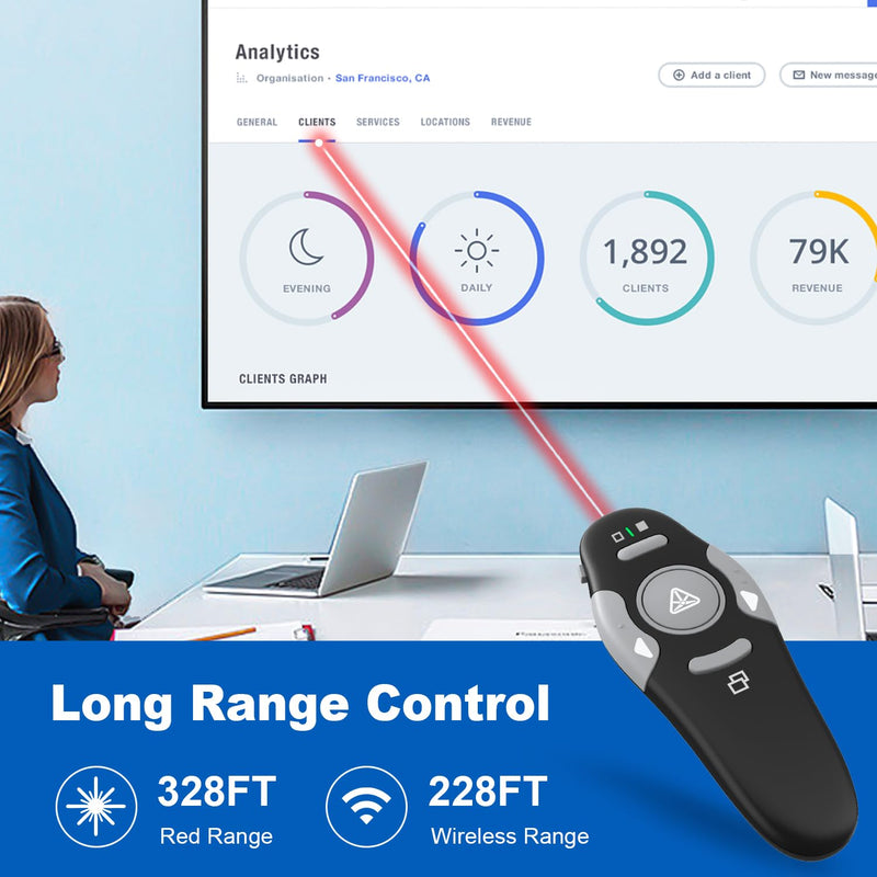 QUI 2 Pack Presentation Clicker, Wireless Presenter Remote Clicker for PowerPoint, Slide Advancer for Mac, Windows, Google Slide, Keynote (USB, Black Blue) USB