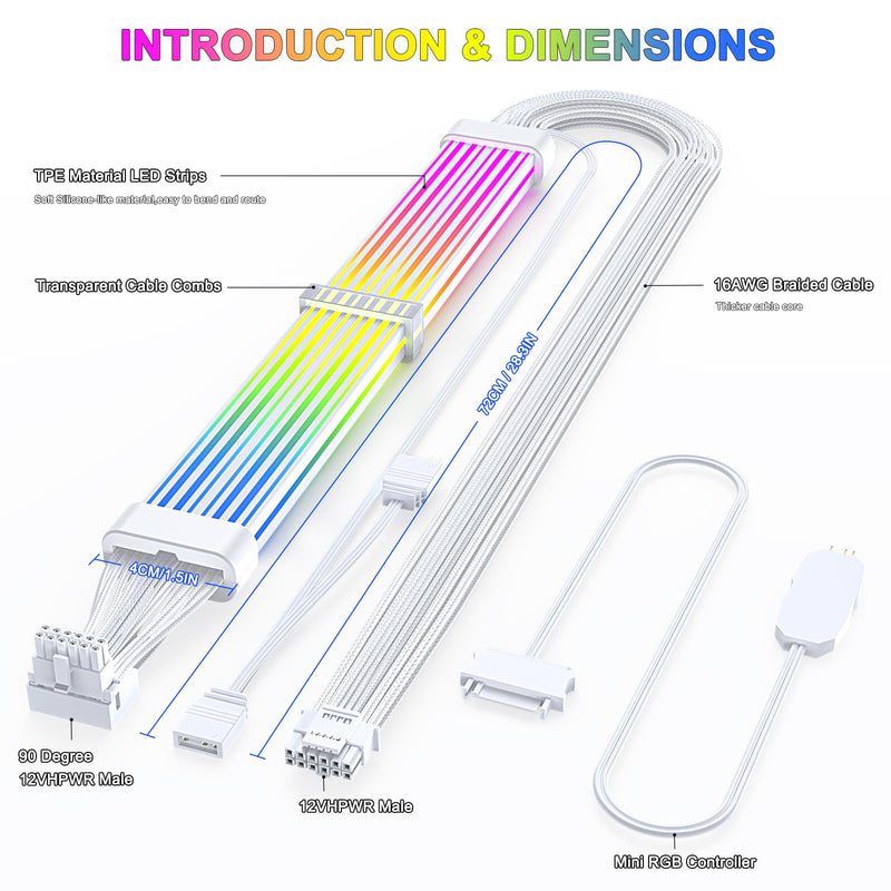 Sirlyr 12VHPWR RGB PSU Cables,90 degree Adapter 16 Pin GPU Cable,PCIE 5.0 ARGB Extension - Male to Male for RTX 3090Ti 4080Ti 4090 600W Graphic Card to ATX 3.0 Power Supply,PC Build 27In B Style White