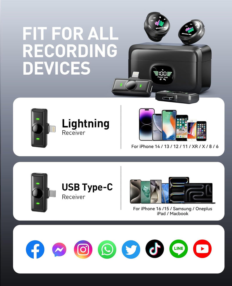 Mini Microphone for iPhone: 2PCS Wireless Lavalier Microphone for Android - Noise Canceling Magnetic Clip Lapel Mic - Vlogging & Pro Video Recording for Content Creators Black 1