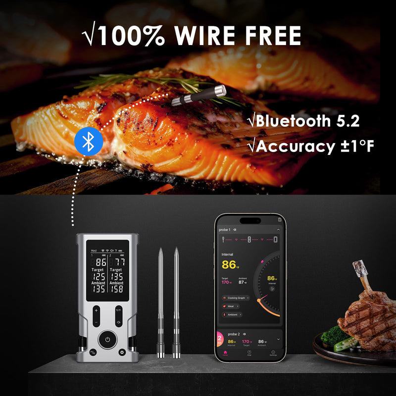 Wireless Meat Thermometer, 800FT Bluetooth Cooking Thermometer, 2 Ultra-Thin Probes, LCD Display, Digital Food Thermometer for Grill, BBQ, Smoker, Air Fryer, Rotisserie X-109