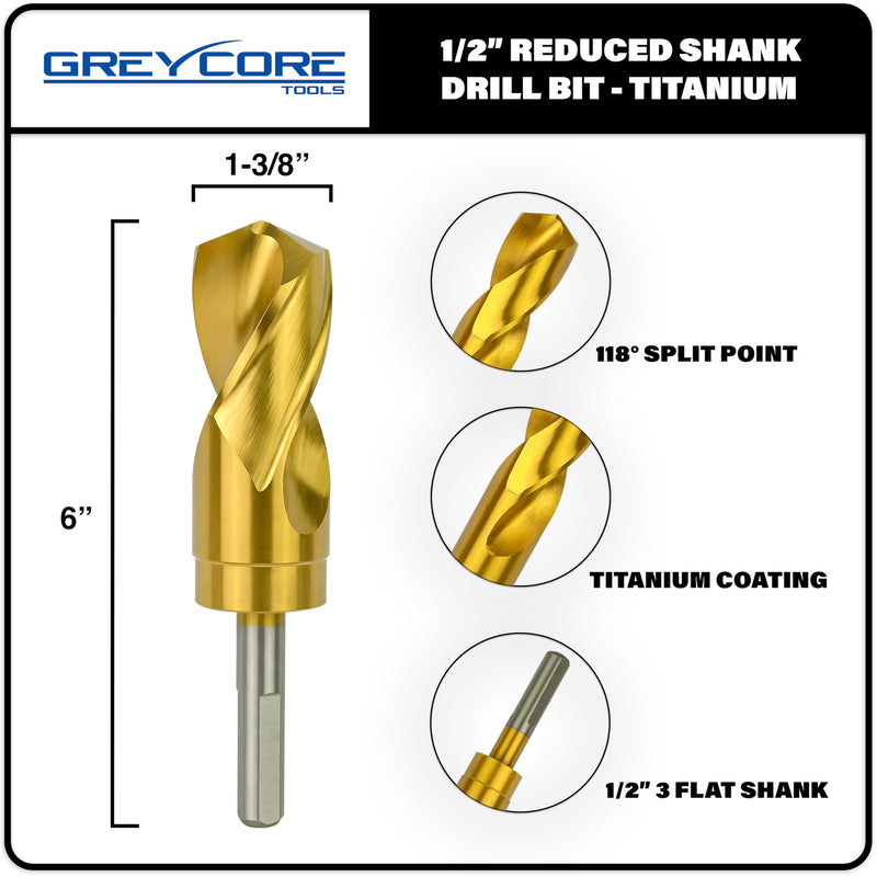 Greycore Tools 1-3/8 Inch Reduced Shank Drill Bit, 1/2" 3-Flat Shank, High Speed Steel with Industrial Titanium Coating, Drill Bit for Steel, Iron, Wood, Plastic (1-3/8" x 6" RS) 1-3/8"