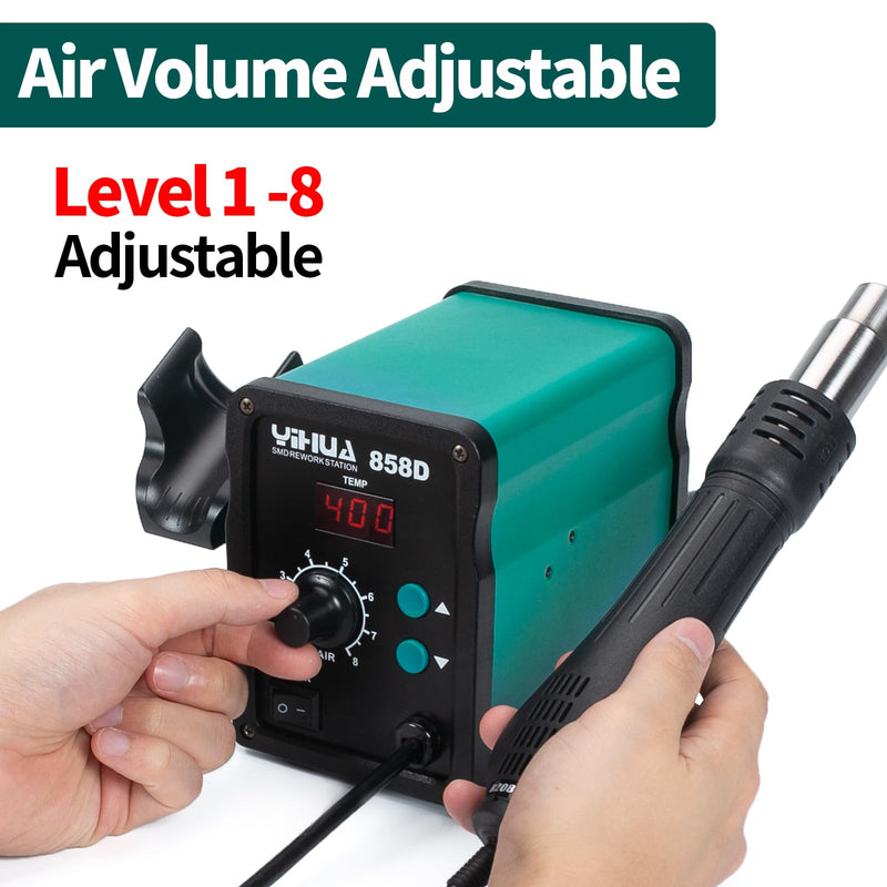 YIHUA 858D hot air soldering station desoldering station 700W for SMD soldering and desoldering with adjustable temperature and air volume, PID temperature control, auto start/stop function, hot air nozzles (EU PLUG)