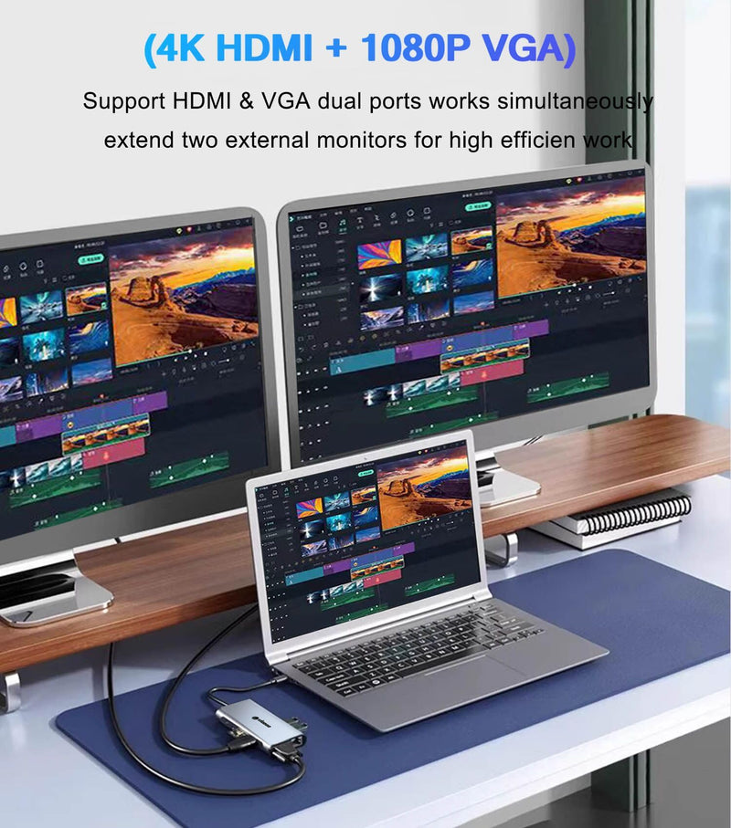 11-in-1 USB C Hub, Laptop Docking Station with RJ45 Gigabit Ethernet, 4K HDMI, 1080P VGA, SD/Micro SD Card Reader, 3.5 mm Audio Aux Jack, PD 100W Charging, Full Functional USB C Dongle 11-in-1