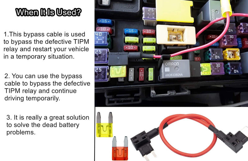 TIPM Bypass Cable, Fuse Holder Fuse Adapter,Repair Fuel Pump Relay Bypass Cable Compatible with Dodge Ram 1500 2500 3500 Jeep Chrysler VW 2007-2016, 14AWG Wire/20AMPs Replace CBWPR091AA