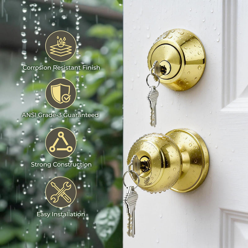 KNOBWELL 1 Pack Keyed Alike Door Knob and Double Cylinder Deadbolt Set, Exterior Door Lock Set, Polished Brass