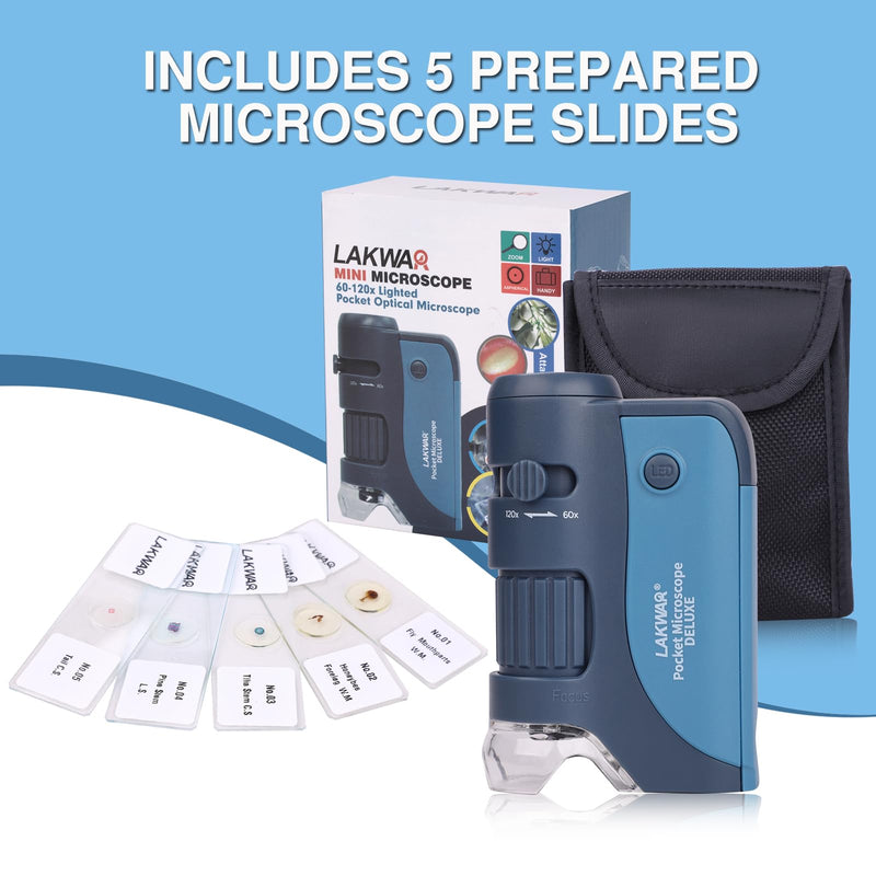 LAKWAR Pocket Microscope for Children, 60x-120x Mini Hand Microscope with 5 Slides, Mini Microscope for Children Students Adults Home School Laboratory Blue
