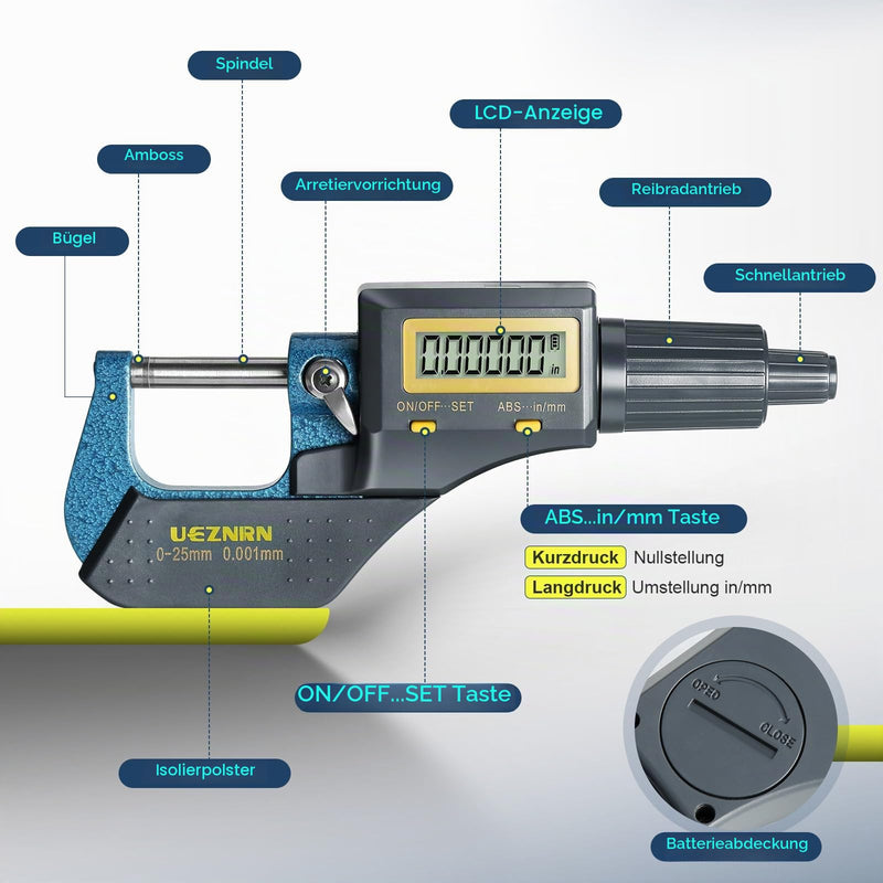 Ueznirn Outside Micrometer Digital 0-25 mm 0.001 mm/0.00003 Inches | High precision micrometer digital micrometer, LCD micrometer digital micrometer with wall thickness attachment