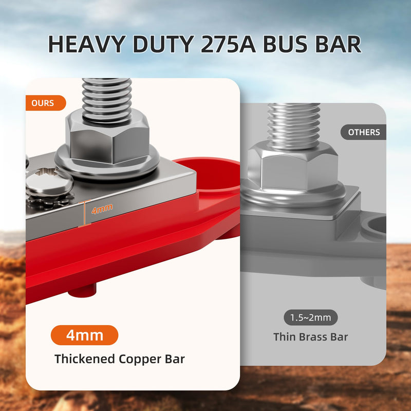 Bus Bar 12V 275A Power Distribution Block 2 x 3/8" (M10) Terminal Studs and 10 x #10 Screws Terminals Positive and Ground Battery BusBar 2 x 3/8" Studs and 10 x #10 Screws