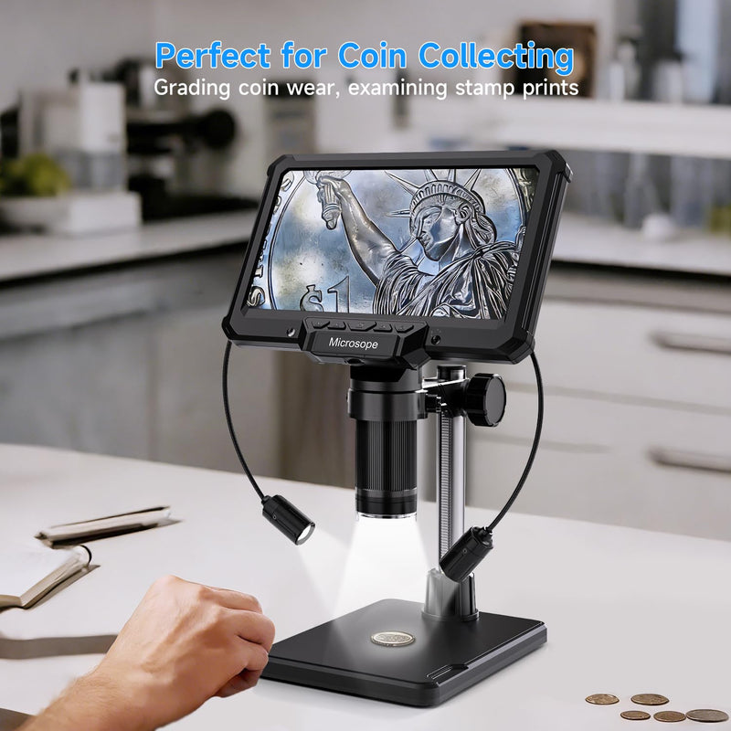 Digital Microscope for Adults Kids 7inch Screen Coin Magnifier Microscopes for Error Coins PCB, Bugs, STEM Learning, Soldering Electronics Microscopes Camera Black