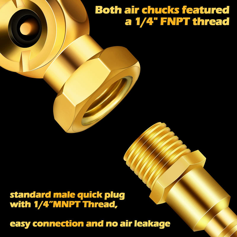 Frienda 8 Pcs Air Chuck 1/4 Inch 2 Way Connection Closed Ball Air Chucks Dual Head NPT Male End Air Hose Pipe Fitting Tyre Valve Stems with Tape for Tire Inflator Gauge and Air Compressor