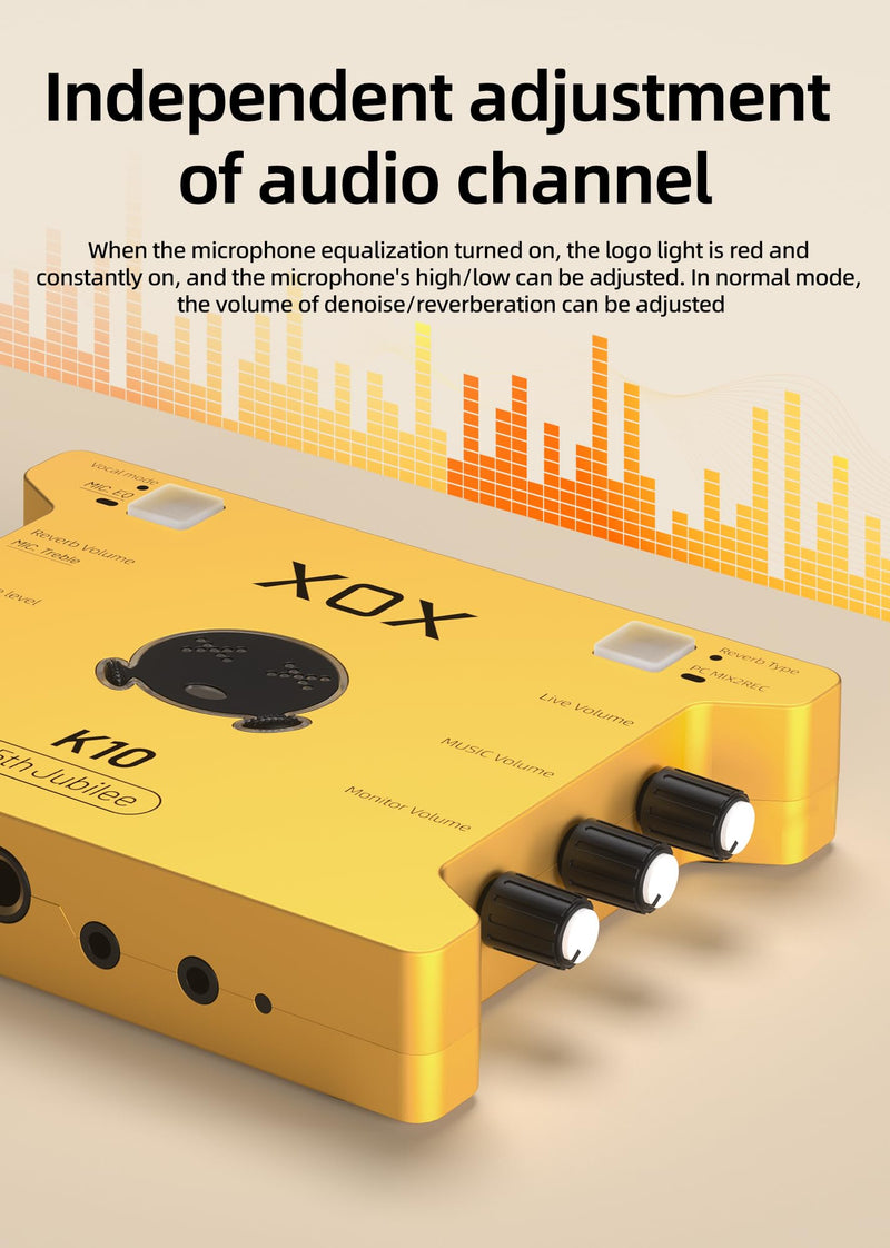 XOX K10 15TH live streaming audio interface for gaming recording bubbing teaching and k song. Stream sound card with 3.5/6.5 microphone,bluetooth and wireless OTG connect.