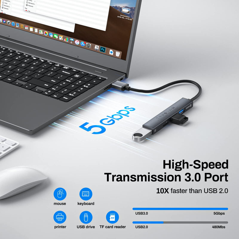 Mini USB Hub, 4-in-1 Multi-Port Adapter with High-Speed USB 3.0 Port, USB 2.0 Port and TF Card Reader, Ultra Slim Portable Data Hub Applicable for Laptop, PC, iMac Pro, MacBook Air, USB Splitter USB-A-3TF