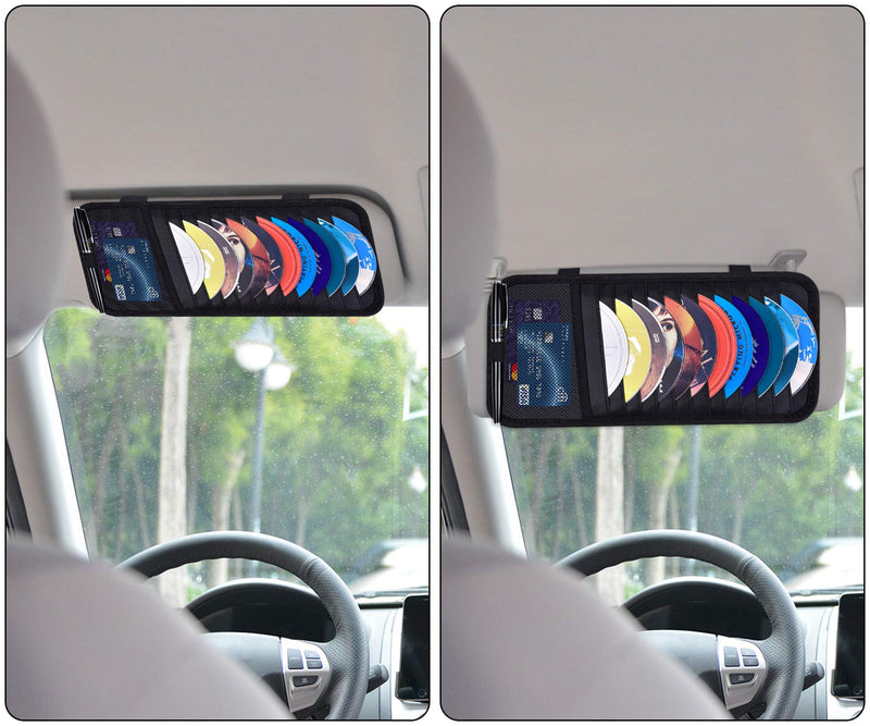 Car CD Case Holder, Wisdompro Vehicle Sun Visor Organizer for Cars with 12 DVD Storage Sleeves, 1 Mesh Pocket, 1 Pen Holder and Elastic Strap, Black