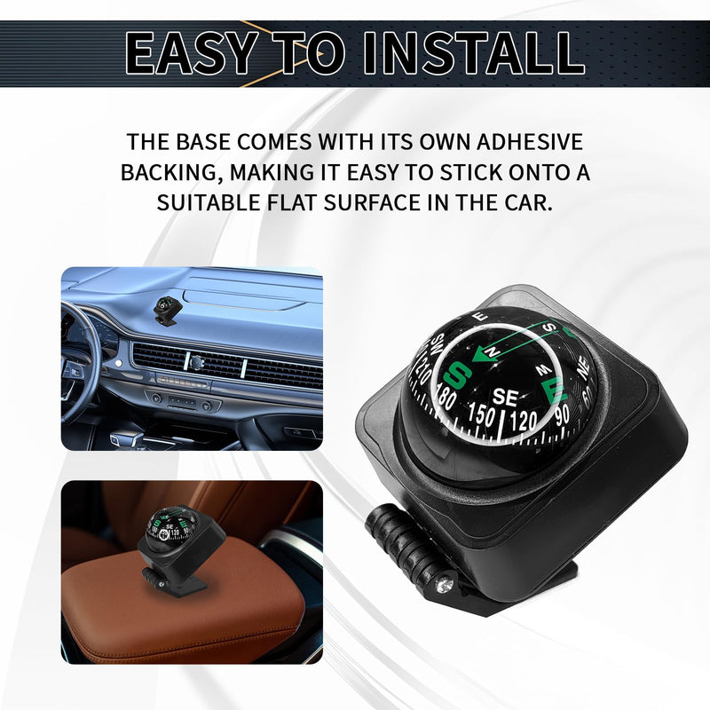 Car Compass, Adjustable Car Compass Ball with Tape, Car Dashboard Accessories, Portable Navigation Guide Ball, Universal Compass for Car Boat(Black) 1PCS