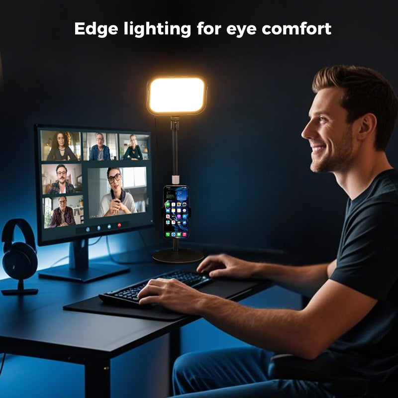 Desk Light for Video Calls with Stand, 360° Rotate Zoom Lighting for Computer, CCT 3000K-6500K Adjustable, Full-Screen Desk Ring Light with Phone Holder for Webcam, Meeting, Live Streaming, Podcast