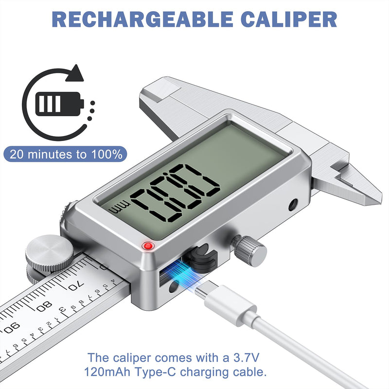 HDLNKAK 6”/150mm Rechargeable Digital Caliper, Inch/MM Conversion Caliper Measuring Tool with Large LCD Screen, Stainless Steel Caliper Tool for DIY/Household/3D-printing. White