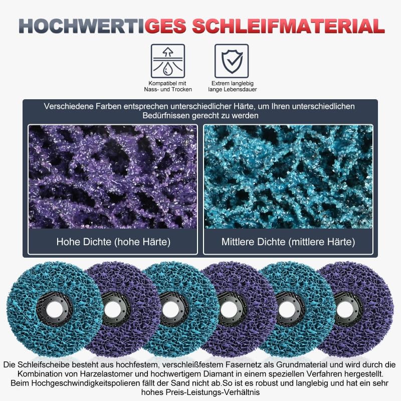 CSD Disc, 125 mm, 6 Pieces Sanding Discs for Angle Grinder, Cleaning Disc Set, Coarse Cleaning Disc, Rust Remover, Flex Discs for Removing Rust, Color of Metal (3 x High, 3 x Medium) 1