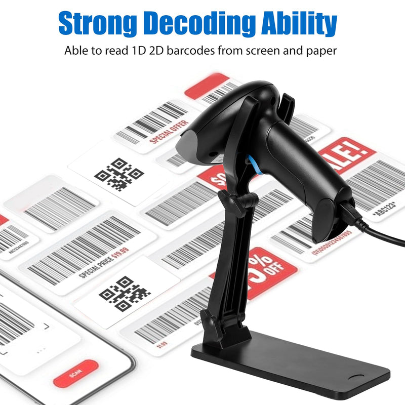 QR Code Scanner with Foldable Stand, 1D 2D Barcode Scanner 2.4G Wireless & USB Wired Connection, Handheld CMOS Image Bar Code Reader for Warehouse Library Supermarket