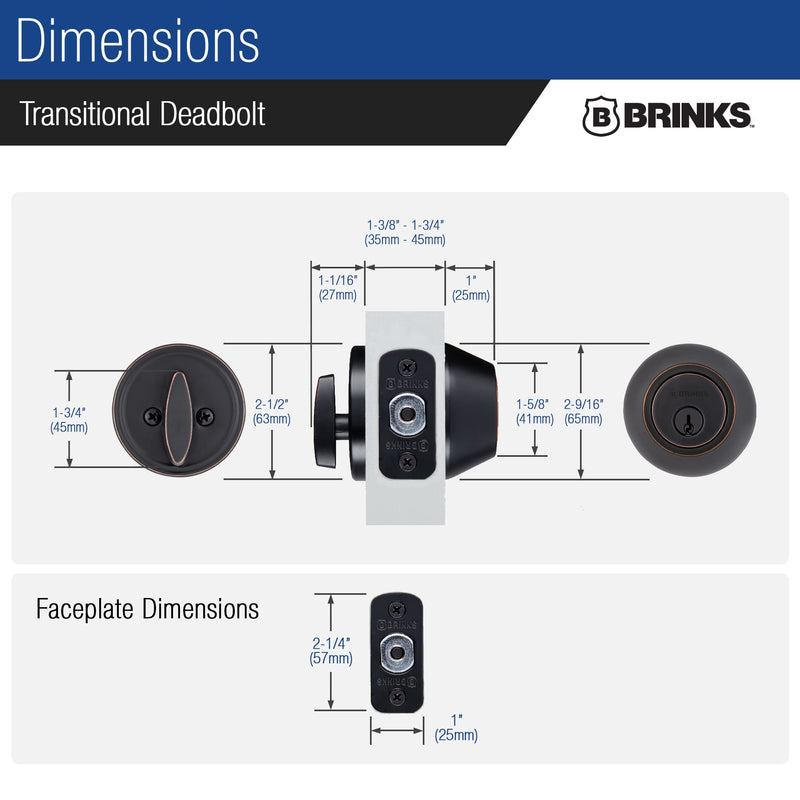 BRINKS Transitional Single Cylinder Deadbolt Lock, Door Lock Built for Residential Protection ANSI Grade 2 Security, Tuscan Bronze 1 Pack
